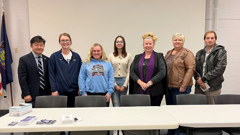Dr. Jungwoo Ryoo, chancellor and CAO; Penn State DuBois criminal justice students Kaierra Keck, Paige Pleta and Summer Wynn; Selena Price, Penn State DuBois criminal justice lecturer; Robin McMillen, Passages Inc. legal advocate; and Sterling Grisso, Community Action, Inc. Crossroads Project come together at a victimology event held on campus.