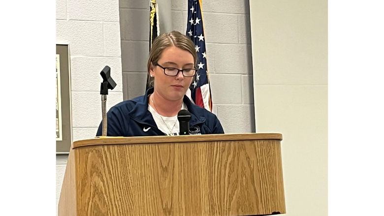 Kaierra Keck, a Penn State DuBois criminology student, shares the testimonial of an abuse victim during the victimology presentation in Hiller Auditorium.