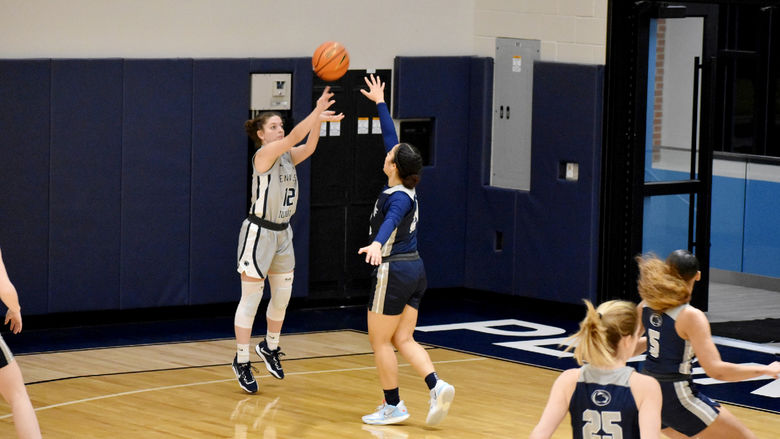Penn State Dubois’ Megan Durandetta gets her shot away during a home game at the PAW Center