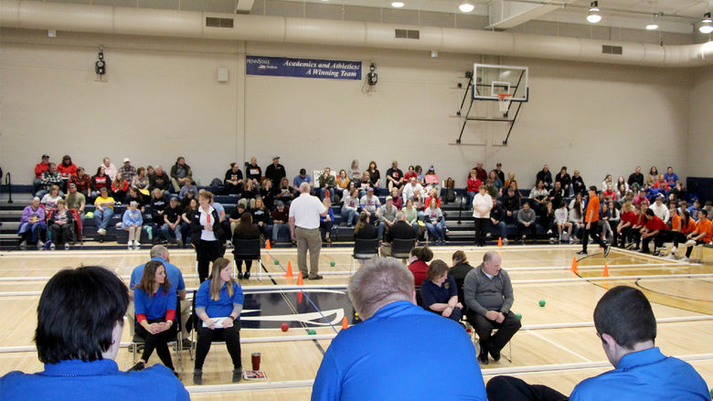 Fans filled the gym at the PAW Center to watch the interscholastic unified sports bocce regional championship, recently held at Penn State DuBois