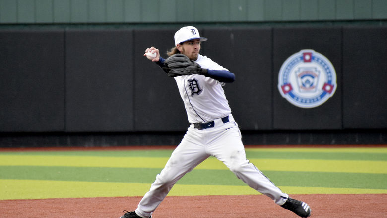 Penn State DuBois sophomore Colby Bodtorf prepares to make a throw to first during a recent home game at Showers Field