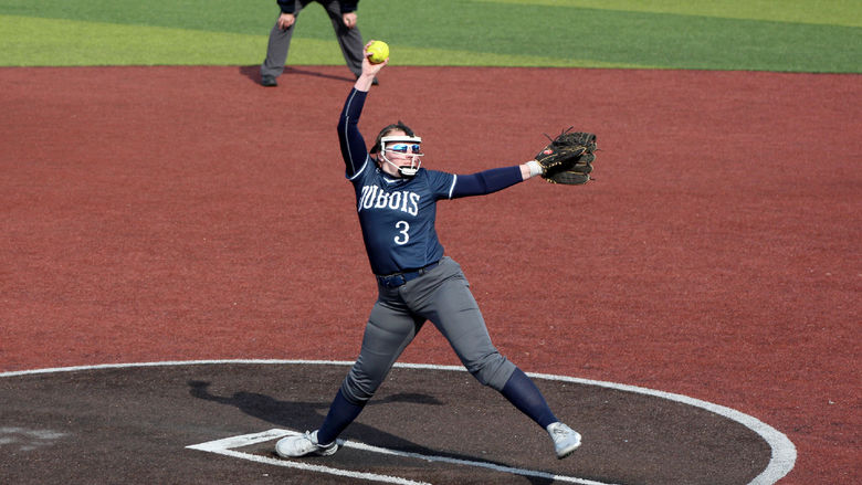 Penn State DuBois freshman Megan Hyde going through her wind up to deliver a pitch home during a recent home game at Heindl Field