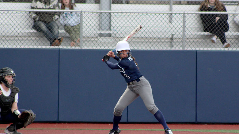 Penn State DuBois freshman Caitlyn Watson strides forward to swing at a pitch during a recent home game at Heindl Field