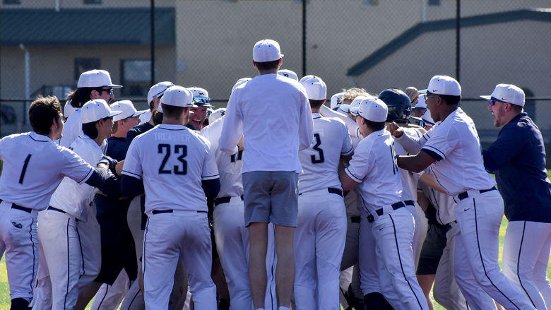 The Penn State DuBois baseball team celebrates a walk off win against Houghton College