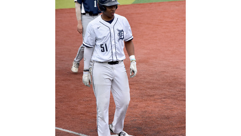 Jorge Rodriquez preparing to take his lead off third base during a recent baseball game at Showers Field in DuBois