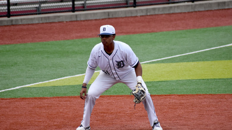 Jorge Rodriguez in his defensive stance awaiting the opportunity to field a batted ball during a recent baseball game at Showers Field