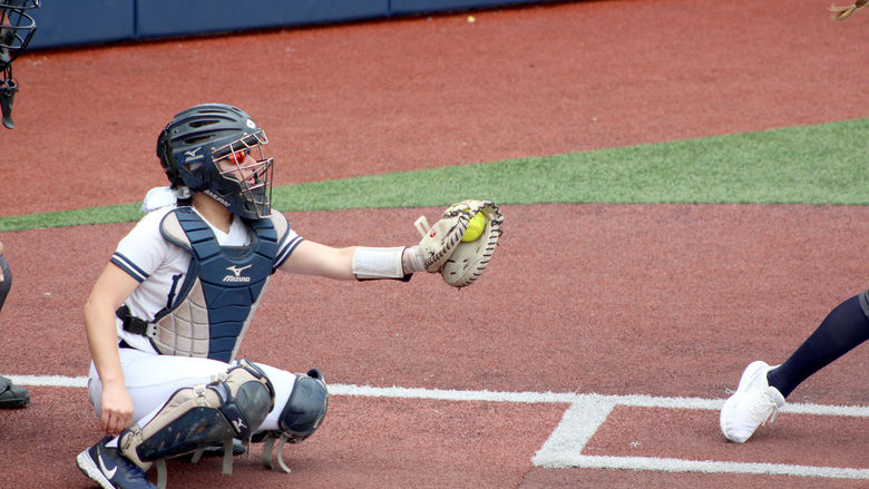 Penn State DuBois senior Larissa James-LaBranche catches a strike during a recent home game at Heindl Field