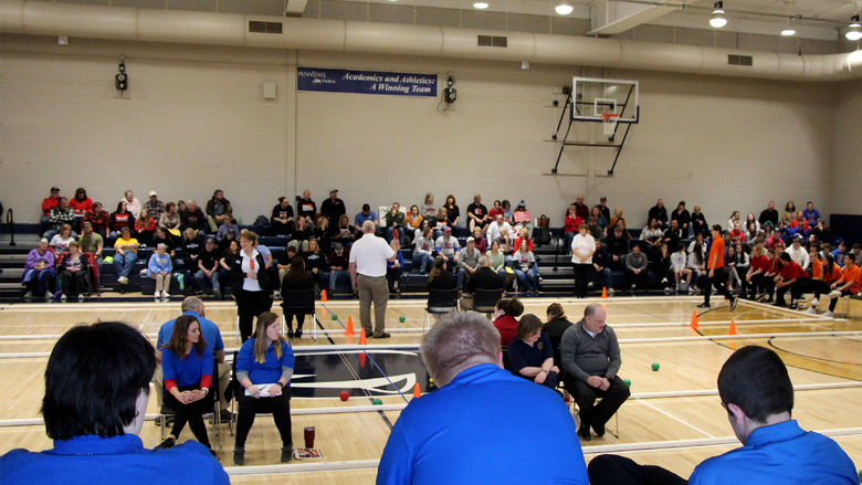 A packed PAW Center gym during a community event held on campus this year, the interscholastic unified sports bocce regional championship, organized by the Special Olympics of Pennsylvania