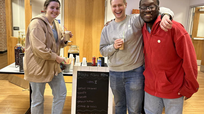 Penn State DuBois students (left to right) Lizzie Neal, Josh Lanzoni and Kane Witter showing off the flavors of lattes available, while enjoying some themselves