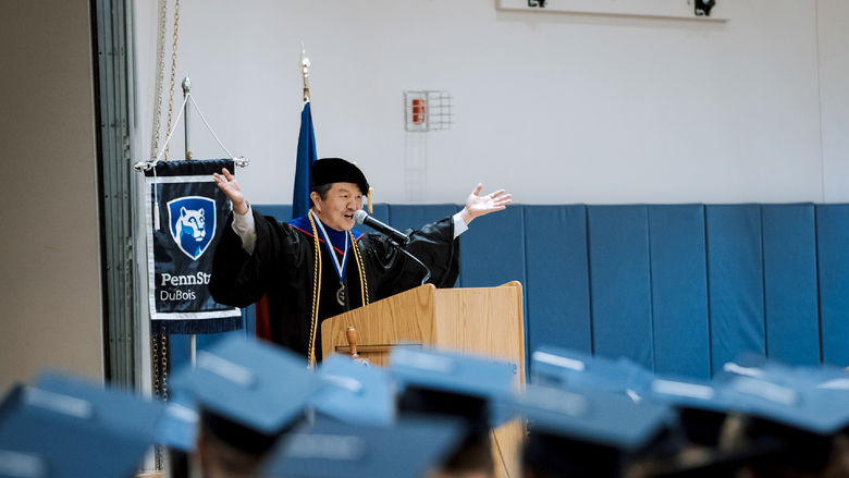 Jungwoo Ryoo, chancellor and chief academic officer at Penn State DuBois, welcomes everyone to the PAW Center for the commencement ceremony