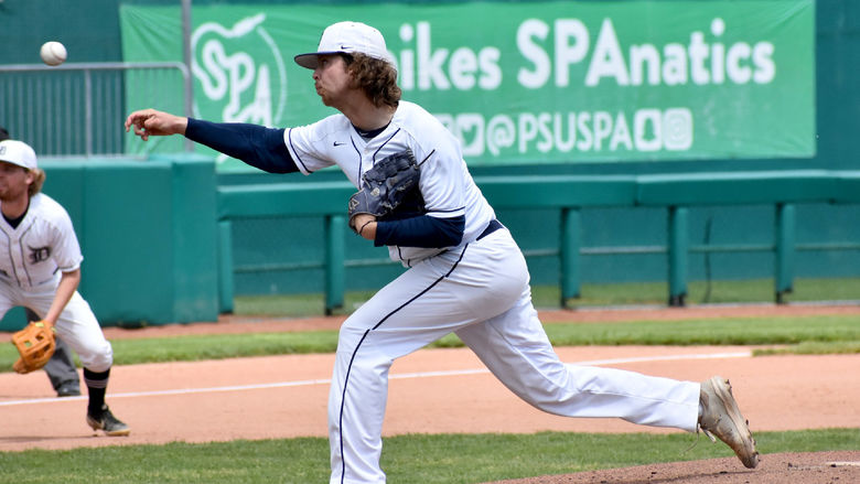 Penn State DuBois sophomore Connor Cherry delivers a pitch during the conference championship game held Monday at Medlar Field at Lubrano Park