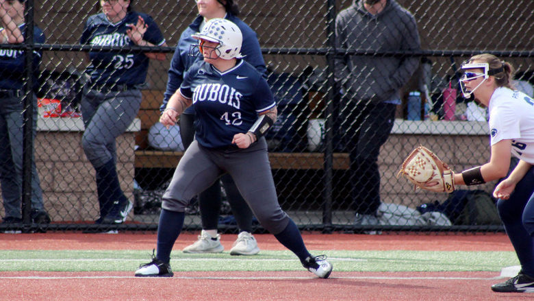 Penn State DuBois senior Paige Pleta takes her lead off third base, preparing to come home to score one of the eight runs that she scored in the 2023 season