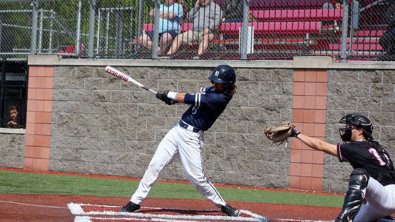 Penn State DuBois sophomore Colby Bodtorf connects with a pitch for a hit during the USCAA championship tournament game against the University of Cincinnati-Clermont
