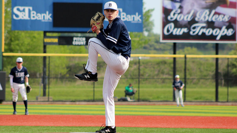 Penn State DuBois junior Taylor Boland preparing to throw a pitch during the USCAA championship tournament game against Miami Hamilton