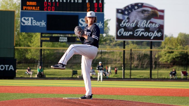 Penn State DuBois sophomore Connor Cherry starting his windup during the USCAA championship tournament game against D’Youville