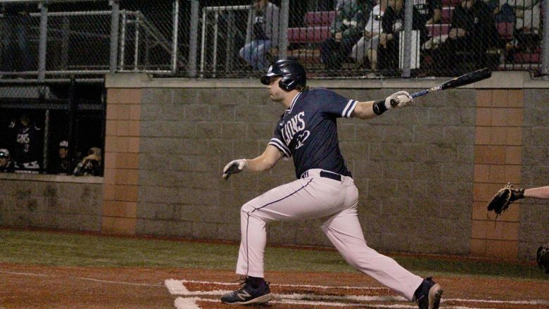 Penn State DuBois senior Cory Lehman follows through with his swing for a hit during the USCAA championship tournament game against Penn State Mont Alto