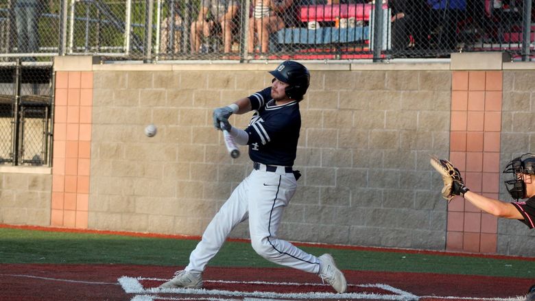 Penn State DuBois senior Brandon Sicheri drives the ball for one of his two hits during the national championship game against the University of Cincinnati-Clermont during the USCAA championship tournament