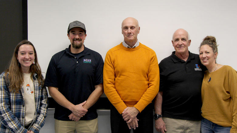 Individuals involved in the wildfire presentation at Penn State DuBois. From left to right: Justice Williams, Cody Gulvas, Fred Groh, Larry Bickel and Stefanie Williams.