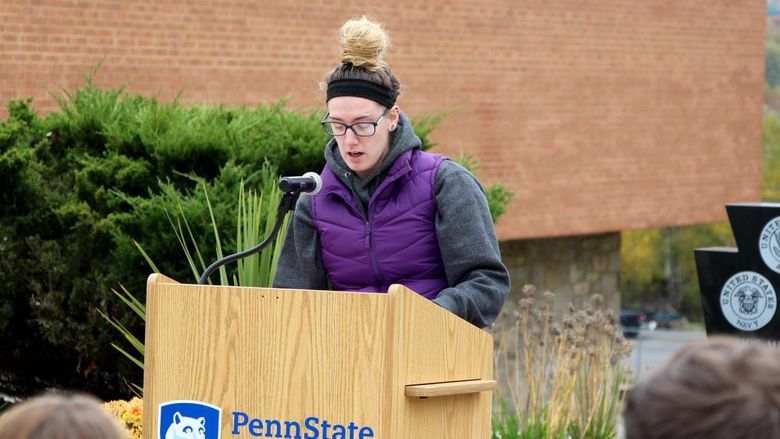 Fourth year student Cierra Hoffman shares one of the testimonials during the victimology event at Penn State DuBois.
