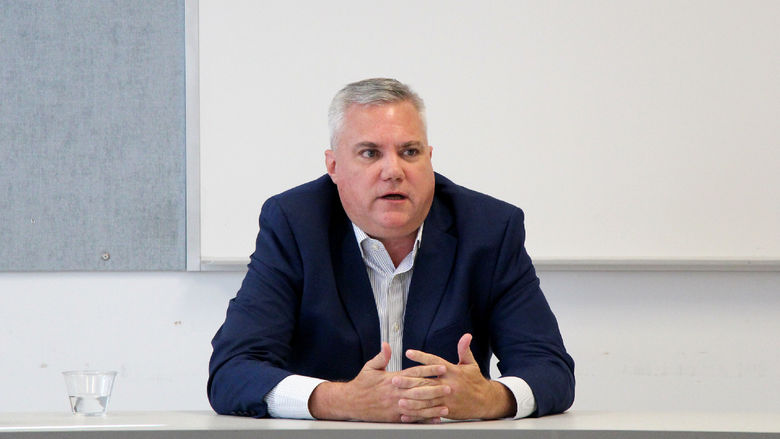 Michael Clement answering a question during the entrepreneur panel at Penn State DuBois.