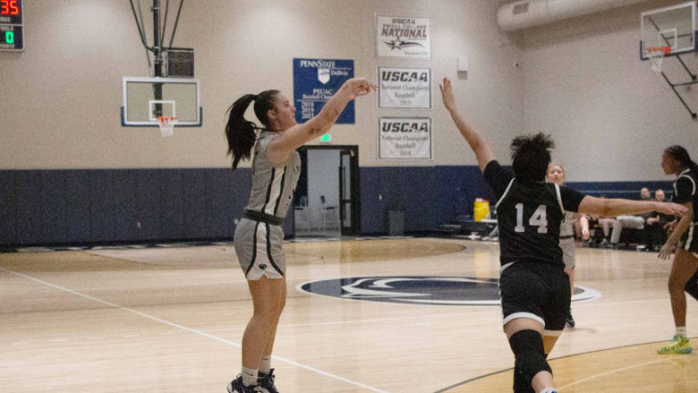 Penn State DuBois women’s basketball player Shannon Shaw gets her shot away during a game at the PAW Center.