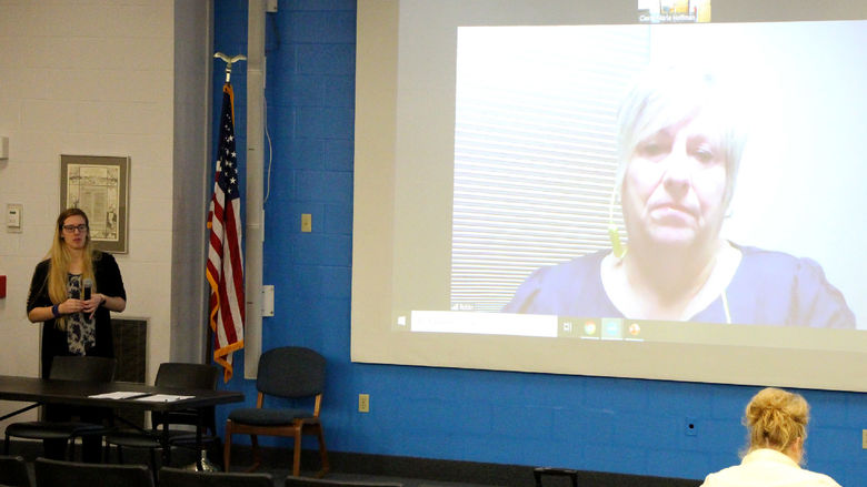 Penn State DuBois student Cierra Hoffman, left, is joined virtually by Robin McMillen from Passages, Inc. during Hoffman’s victimology presentation.