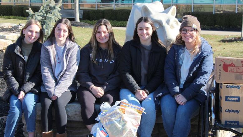 Members of the HDFS and OT clubs at Penn State DuBois gather for a photo with Emi Brown from Jeff Tech to mark a donation to the Backpack Program at Jeff Tech. Pictured (from left to right) are students Fiona Riss, Maddie Barsh, Emily Busija, Emma Suplizio and Emi Brown from Jeff Tech.
