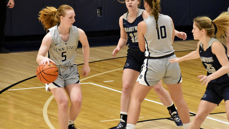 Penn State DuBois freshman guard Frances Milliron dribbles off a screen by teammate Shannon Shaw during a recent game at the PAW Center