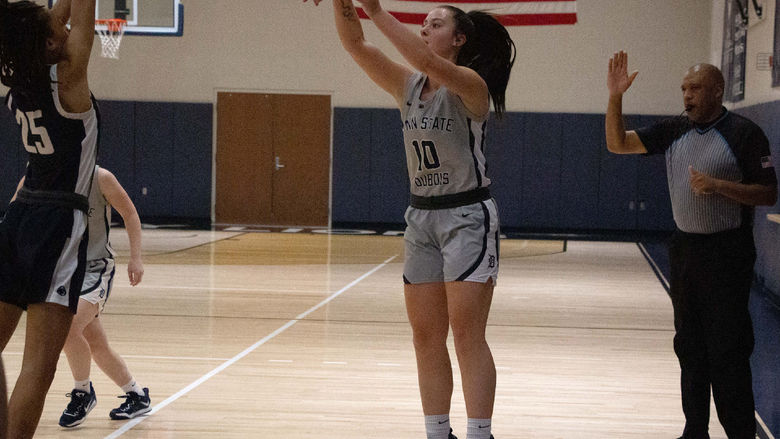Penn State DuBois sophomore Shannon Shaw hits one of her nine three pointers during the game against Penn State New Kensington at the PAW Center