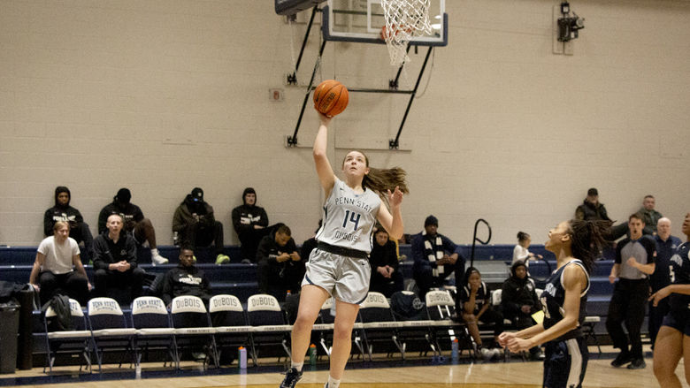 Penn State DuBois freshman Sarah Huston takes off from the floor for a layup during a recent contest at the PAW Center