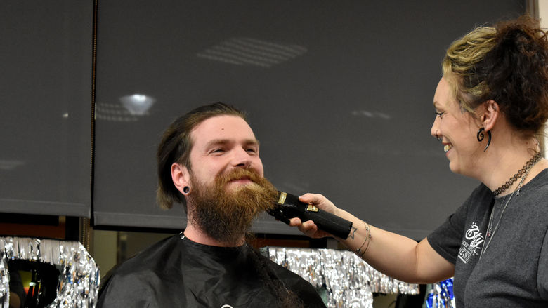 Ray Bolling has his bread buzzed off after his hair was cut during the THON hair auction