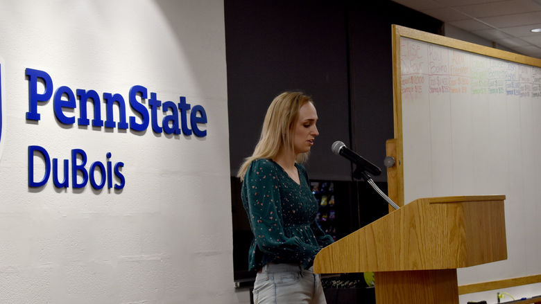 Haley Rummel, 2022 chair of the THON committee at Penn State DuBois, shares some thoughts to inspire everyone in attendance