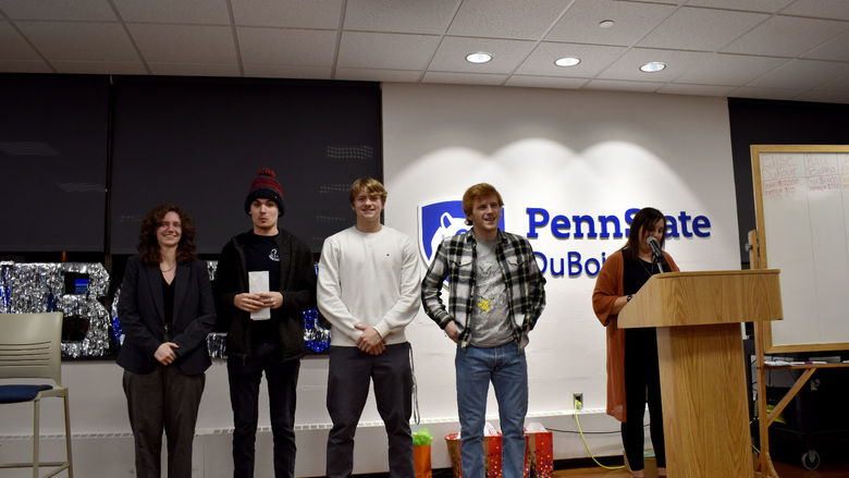 Penn State DuBois students that will represent the campus at THON. Left to right: Alicia Bryan, Gaven Wolfgang, Jalen Kosko and Eamon Jamieson being introduced at the THON hair auction 