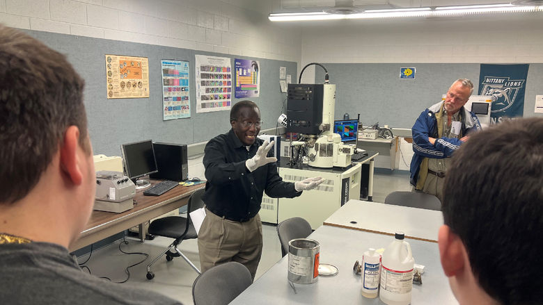 Dr. Daudi Waryoba, associate professor, and coordinator of the applied materials engineering program at Penn State DuBois, gives a demonstration in one of the engineering lab rooms