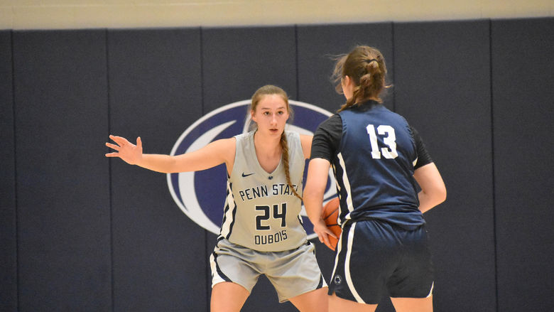 -	Penn State DuBois freshman forward Rebecca Martin extends her hands in her defensive position during a recent basketball game at the PAW Center, on the campus of Penn State DuBois.