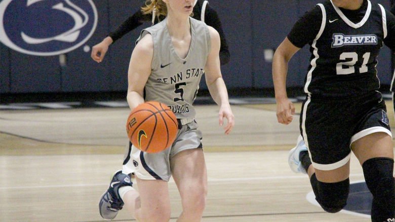 Penn State DuBois sophomore guard Frances Milliron pushes the bull up the floor with her dribble during a recent game played at the PAW Center.