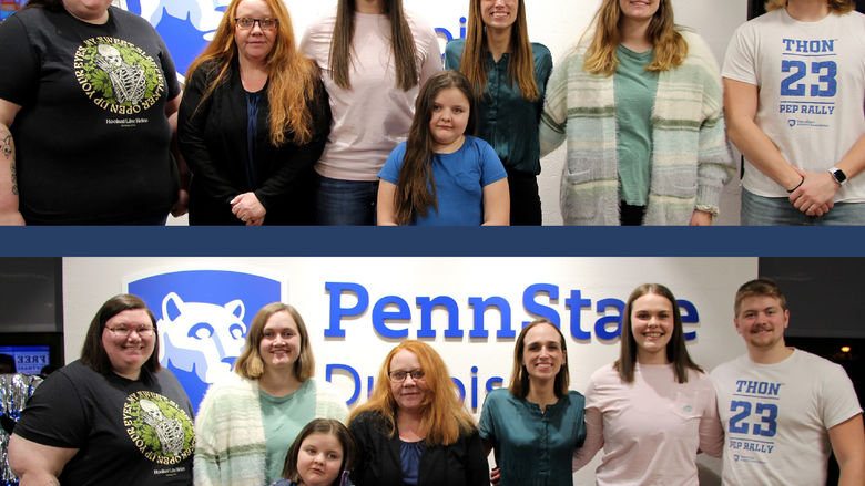 The before, top, and after, bottom, photos of the hair donors for the 2024 THON sendoff dinner and hair auction at Penn State DuBois.