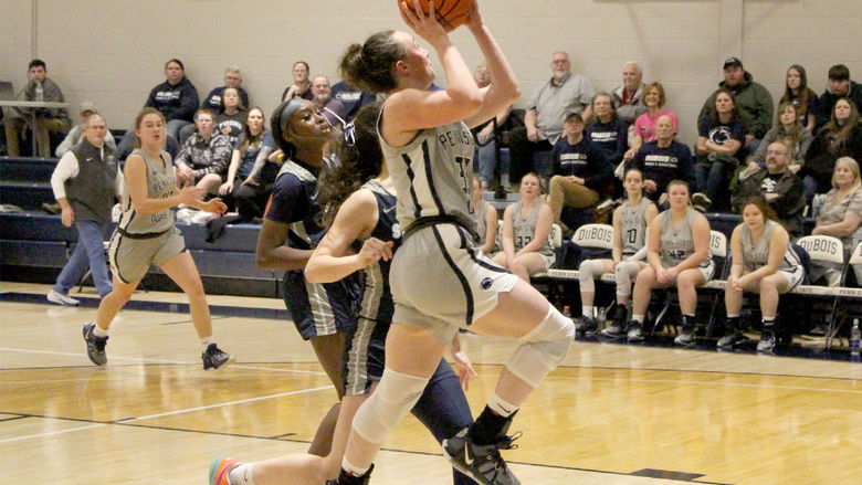 Penn State DuBois junior forward Tara Leamer drives and scores a layup during a recent game at the PAW Center, on the campus of Penn State DuBois.