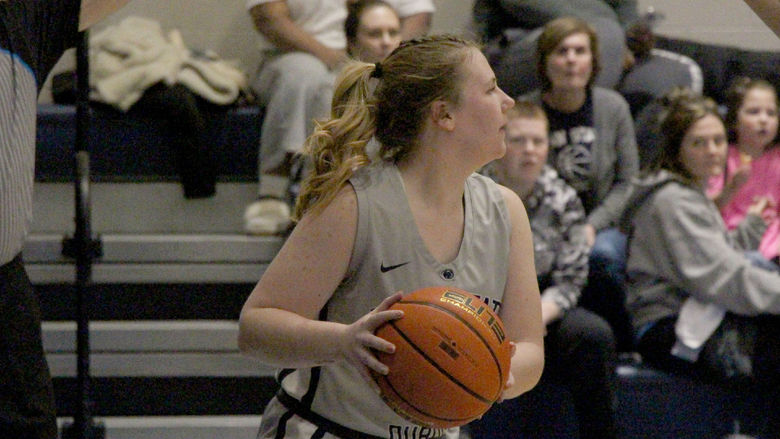 Penn State DuBois sophomore forward Megan Hyde looks to inbounds the ball during a recent home game at the PAW Center, on the campus of Penn State DuBois.