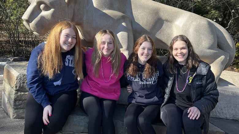 The four THON dancers from Penn State DuBois share a picturesque moment at the Nittany Lion Shrine at University Park. From left to right; Ella Wilson, Madee Finalle, Abigail Morgo and Rachel Allegretto.