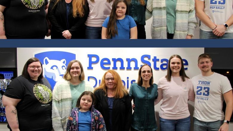 The before, top, and after, bottom, photos of the hair donors for the 2024 THON sendoff dinner and hair auction at Penn State DuBois.