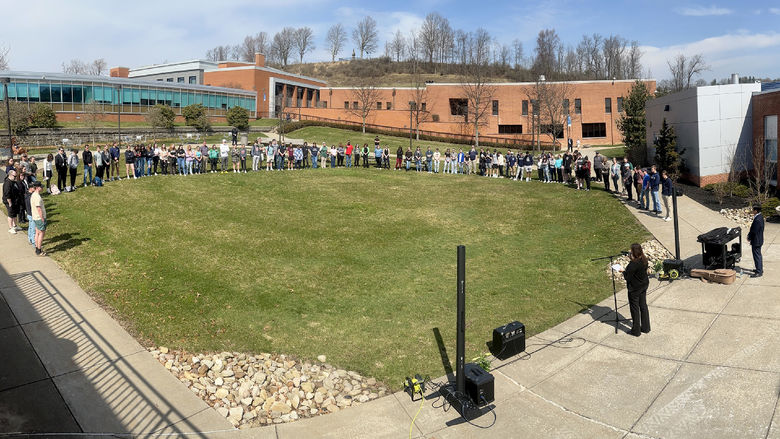 -	A panoramic view of the DEF lawn during the memorial service held for Fred Groh on the campus of Penn State DuBois on March 14.