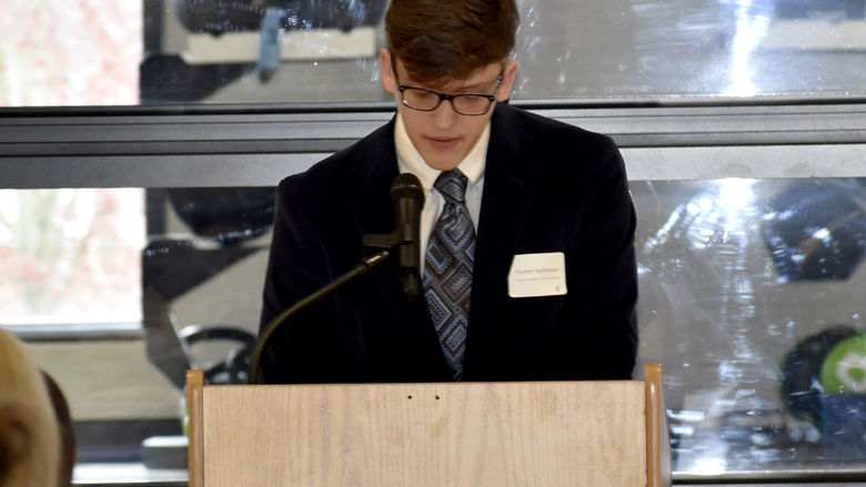 -	Penn State DuBois student Hunter Raffeinner speaks during the scholarship luncheon at the PAW Center.