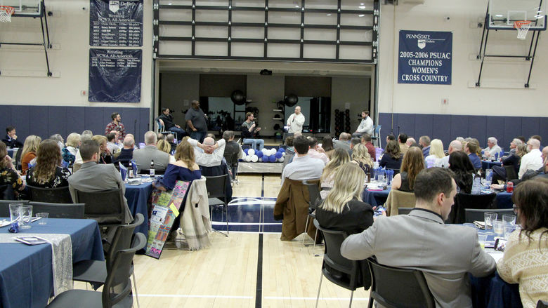 A wide view of Happy Valley Improv performing on stage at the PAW Center during the Lions, Legacy and Laughter event during We Are Weekend at Penn State DuBois.