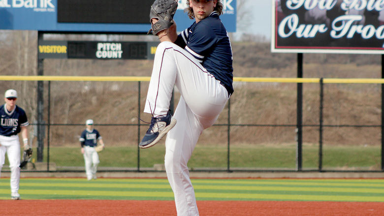 Penn State DuBois junior pitcher Connor Cherry begins his windup to deliver a pitch home during a recent home game at Showers Field in DuBois.