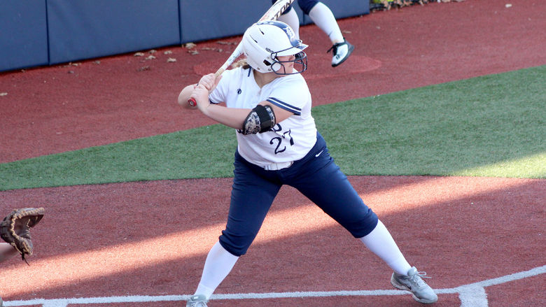 Penn State DuBois junior pitcher and outfielder Kelsey Stuart begins her stride in the batter’s box during a recent home game at Heindl Field in DuBois.