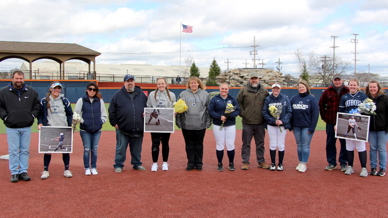 The members of the softball team at Penn State DuBois who were recognized, along with their family members, during senior day recognition.