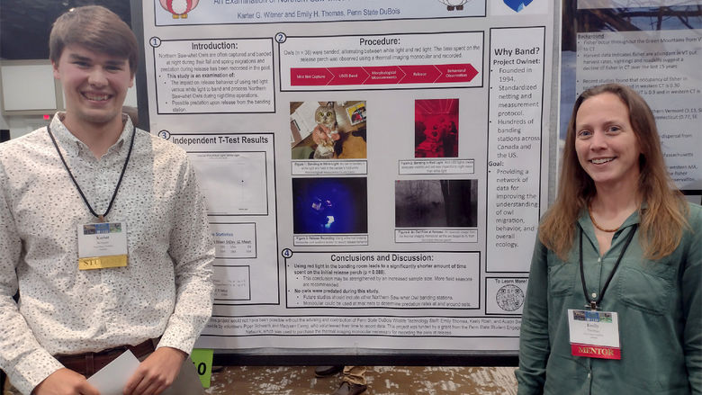 Emily Thomas, right, stands with one of her students, now alumnus, Karter Witmer, during a presentation at the Northeast Fish and Wildlife Conference. Thomas served as the research adviser for Witmer’s study.