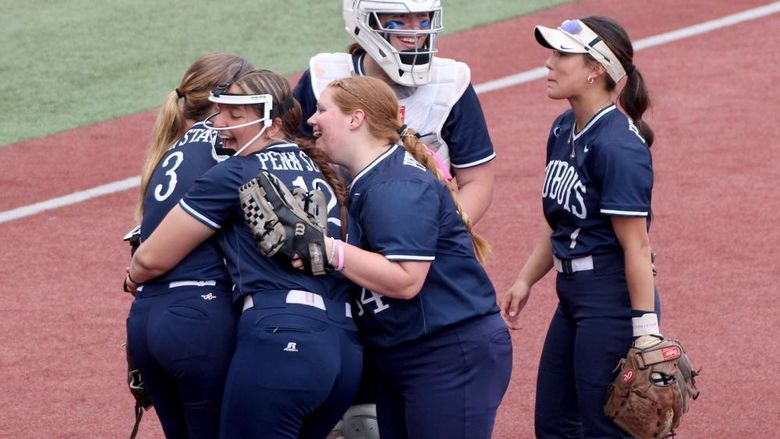 Members of the Penn State DuBois softball team celebrate an extra innings win over Lyon College during the 2024 USCAA Small College World Series.