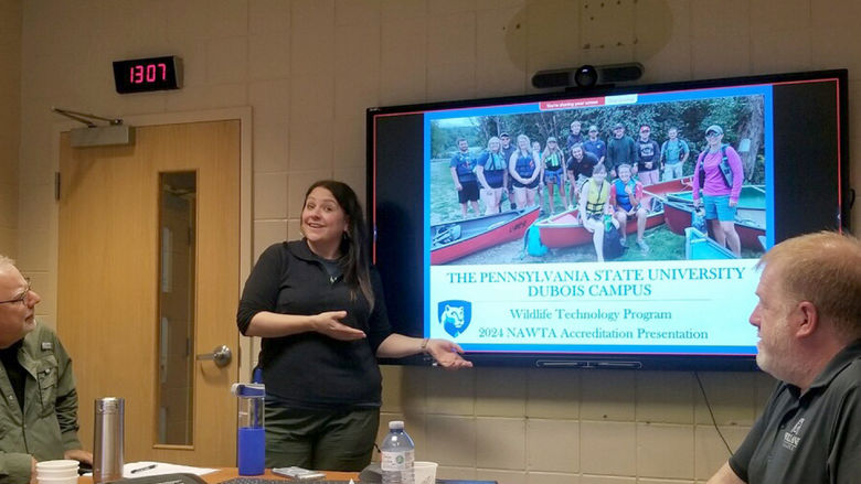 Associate teaching professor Kelly Roen makes a presentation on the value of the Penn State DuBois Wildlife Technology Program before the North American Wildlife Technology Association’s accrediting board.